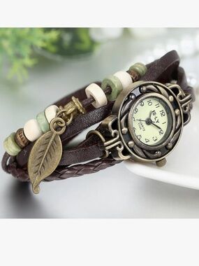Anthropologie Brown Leather Wrap Watch with Leaf Charm and Bead Accents